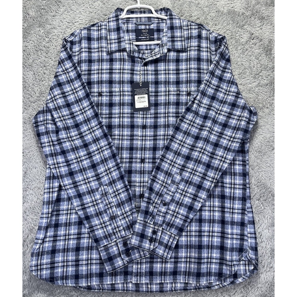 NWT 1901 Mens XL Flannel Shirt Blue Plaid Stretch Button Up Fairview Wash
